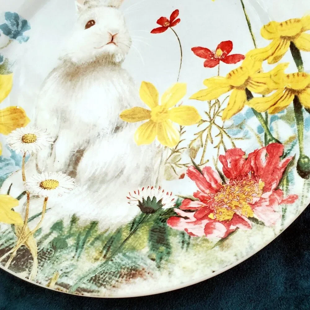 Pottery Barn Hilltop Garden Salad Plate White Bunny Spring Floral Print 8.5